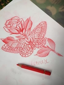 手稿素描蝴蝶玫瑰纹身图案