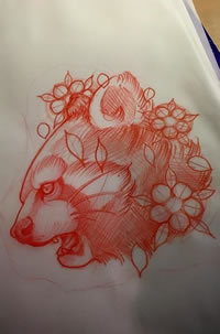 手稿素描浣熊纹身图案