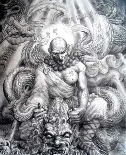 手稿霸气的降龙罗汉纹身图案