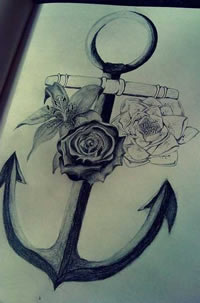 手稿好看的船锚花朵纹身图案