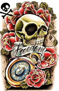 手稿色彩艳丽的骷髅花朵纹身图案