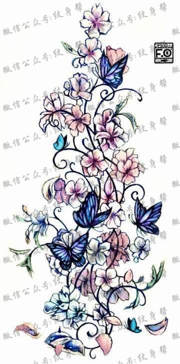 手稿花藤和蝴蝶纹身图案