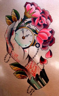 手稿漂亮的怀表手部花朵纹身图案