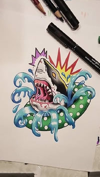 手稿彩绘鲨鱼纹身图案