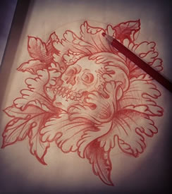 手稿经典素描牡丹骷髅纹身图案