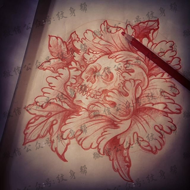 手稿经典素描牡丹骷髅纹身图案