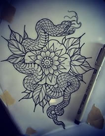 手稿经典蛇梵花纹身图案