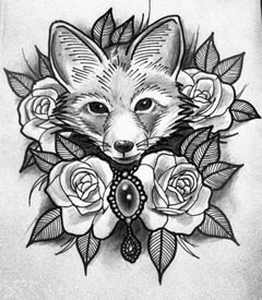 手稿时尚的狐狸花朵纹身图案