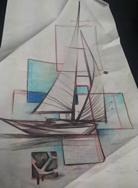 手稿立体线条帆船纹身图案