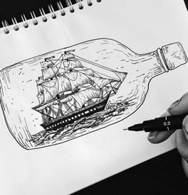 手稿线条瓶子里的帆船纹身图案