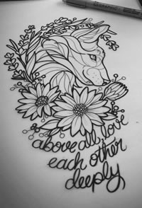手稿线条花卉狼纹身图案