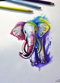 手稿水彩一只小象纹身图案