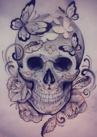 手稿漂亮的骷髅蝴蝶纹身图案