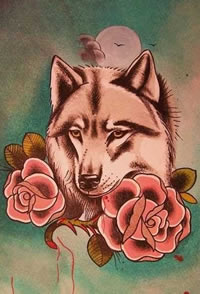 手稿大气的狼头花朵纹身图案