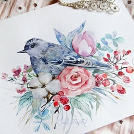 手稿彩绘清新的鸟花卉纹身图案