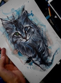 手稿水墨的猫咪纹身图案