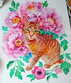 手稿清新的牡丹猫咪纹身图案