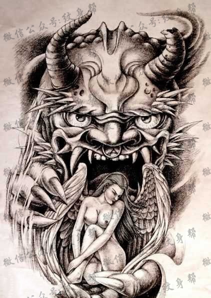 手稿天使和魔鬼纹身图案