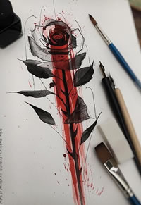 手稿水母荆棘玫瑰纹身图案