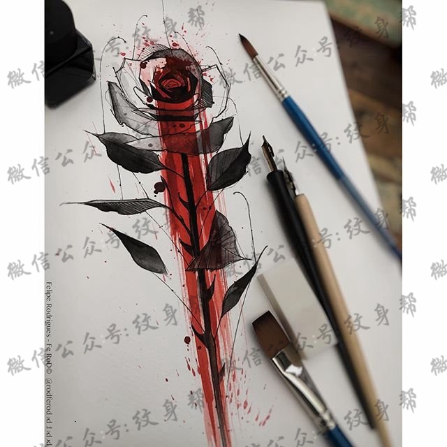 手稿水母荆棘玫瑰纹身图案