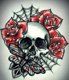 手稿骷髅和红色玫瑰的组合纹身图案