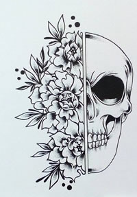手稿半边骷髅半边花纹身图案