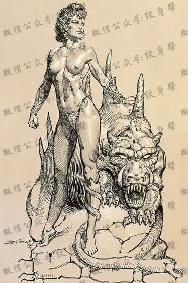 手稿美女和野兽的组合纹身图案