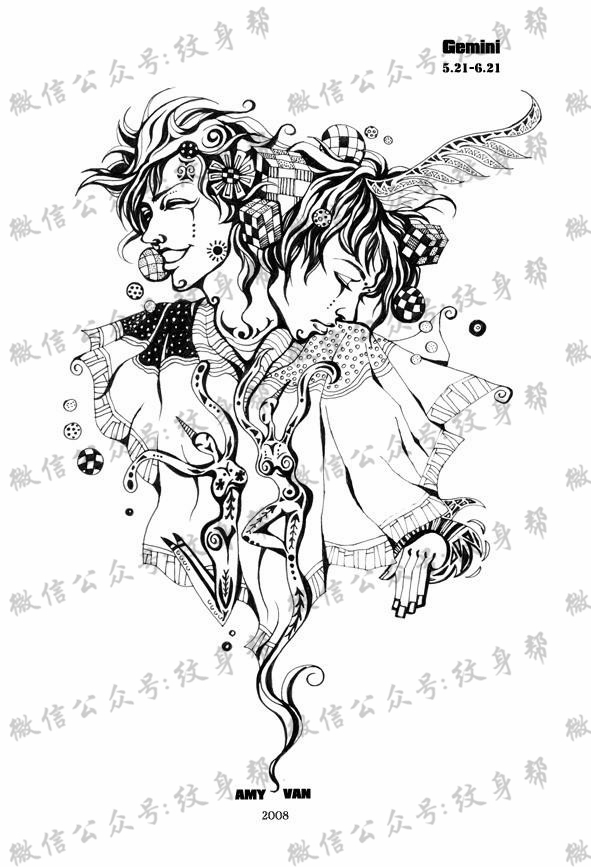 双子座纹身手稿_29张十二星座之双子座纹身图案手稿