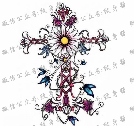 十字架花朵纹身图案