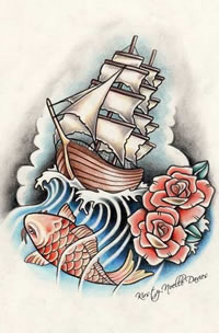 手稿帆船鱼玫瑰纹身图案