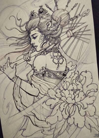 传统艺妓牡丹纹身图案手稿缩略频道推荐图