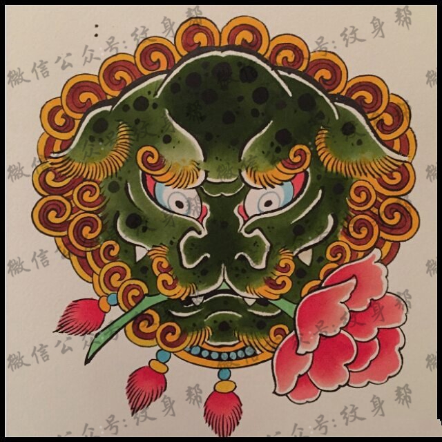 传统唐狮纹身图案手稿