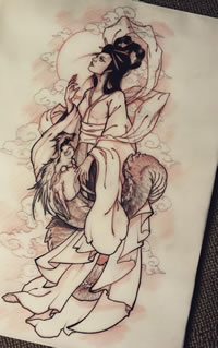 传统侍女龙纹身图案手稿