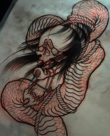 日式骷髅蛇纹身图案手稿