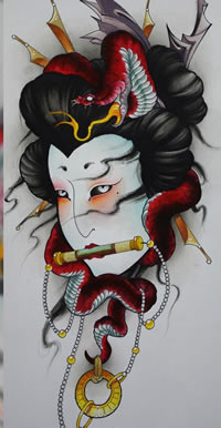 日式艺妓蛇纹身图案手稿