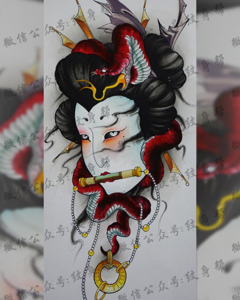 日式艺妓蛇纹身图案手稿