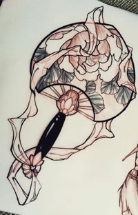 日式扇子牡丹纹身图案手稿