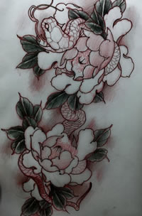 传统牡丹蛇纹身图案手稿