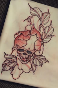 牡丹骷髅纹身图案手稿