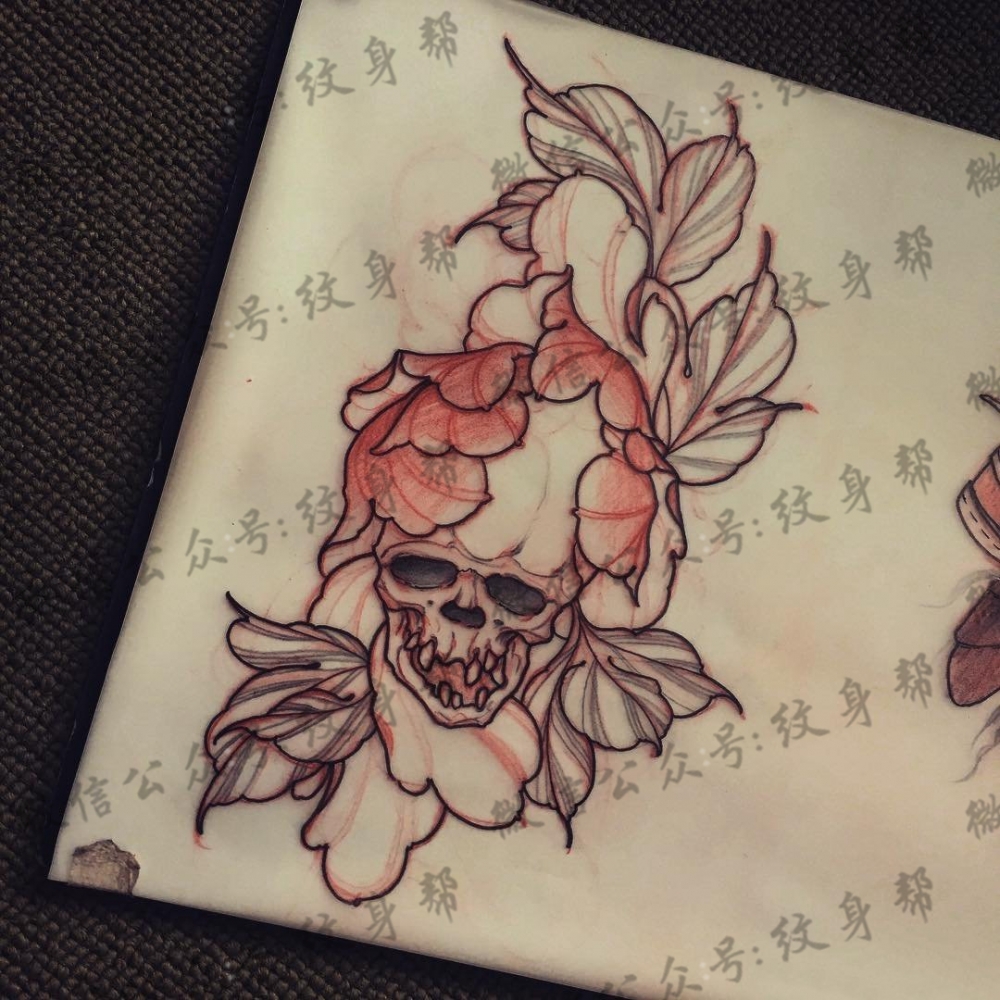 牡丹骷髅纹身图案手稿