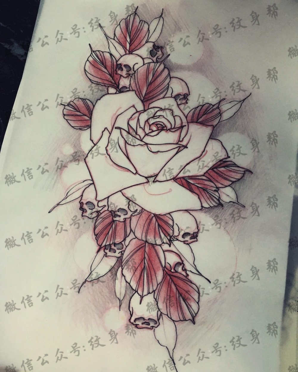 new school玫瑰骷髅纹身图案手稿