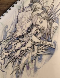 传统龙艺妓纹身图案手稿