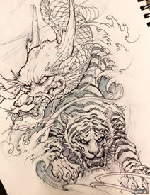 传统龙虎纹身图案手稿