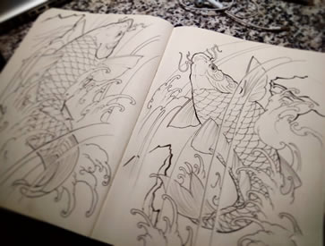 传统鲤鱼纹身图案手稿