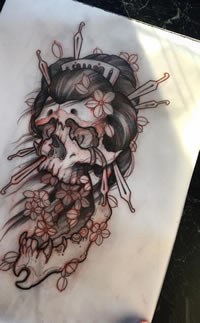 骷髅艺妓纹身图案手稿