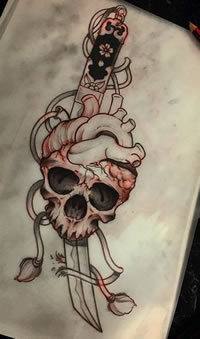 骷髅心脏匕首纹身图案手稿