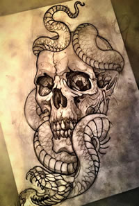 school蛇骷髅纹身图案手稿