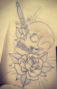 school骷髅玫瑰纹身图案手稿