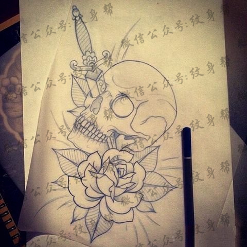 school骷髅玫瑰纹身图案手稿