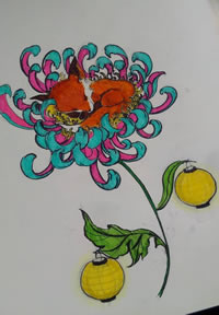 菊花狐狸纹身tattoo图案手稿